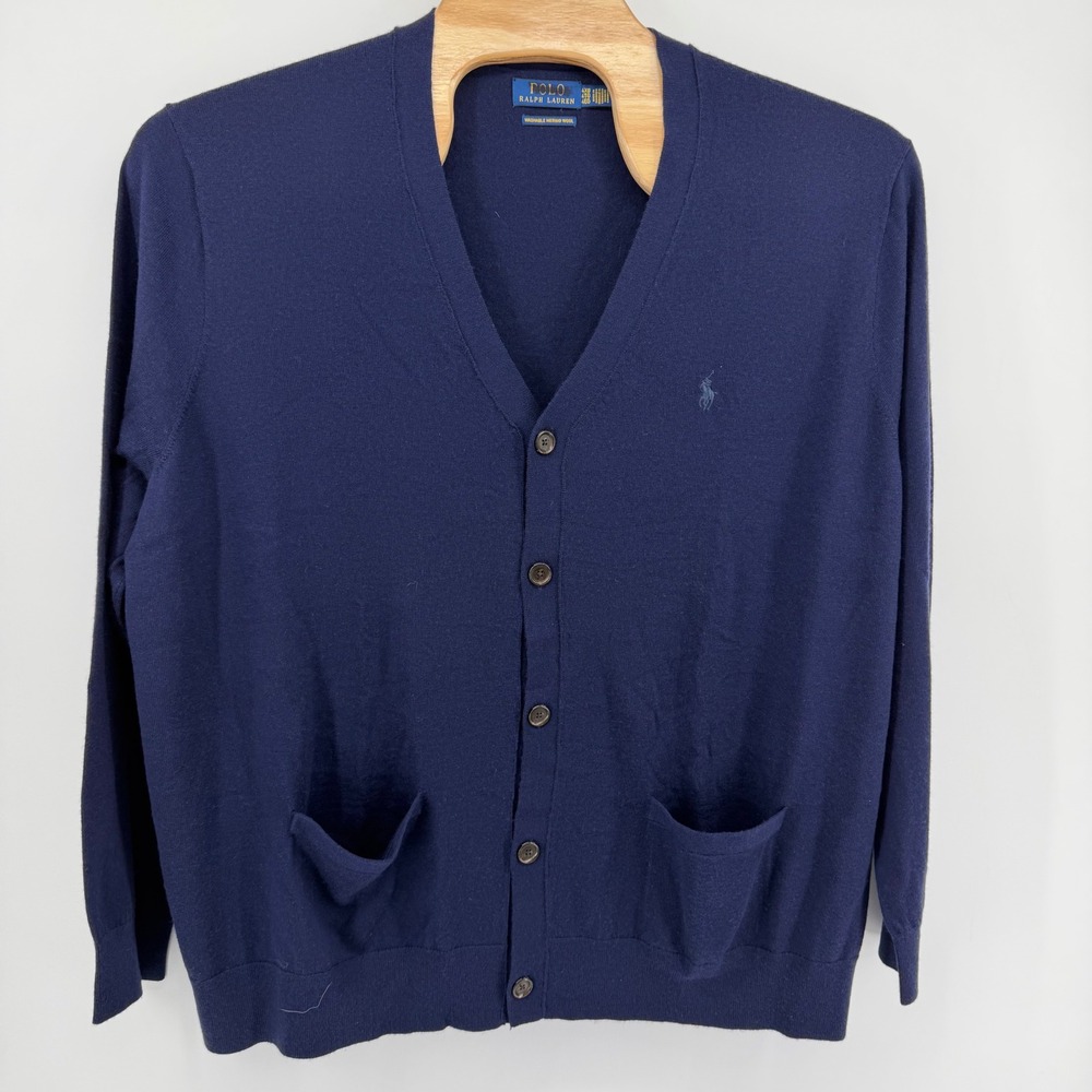 Polo Ralph Lauren Cardigan Mens 4XB Navy Blue Washable Merino Wool V-Neck Button